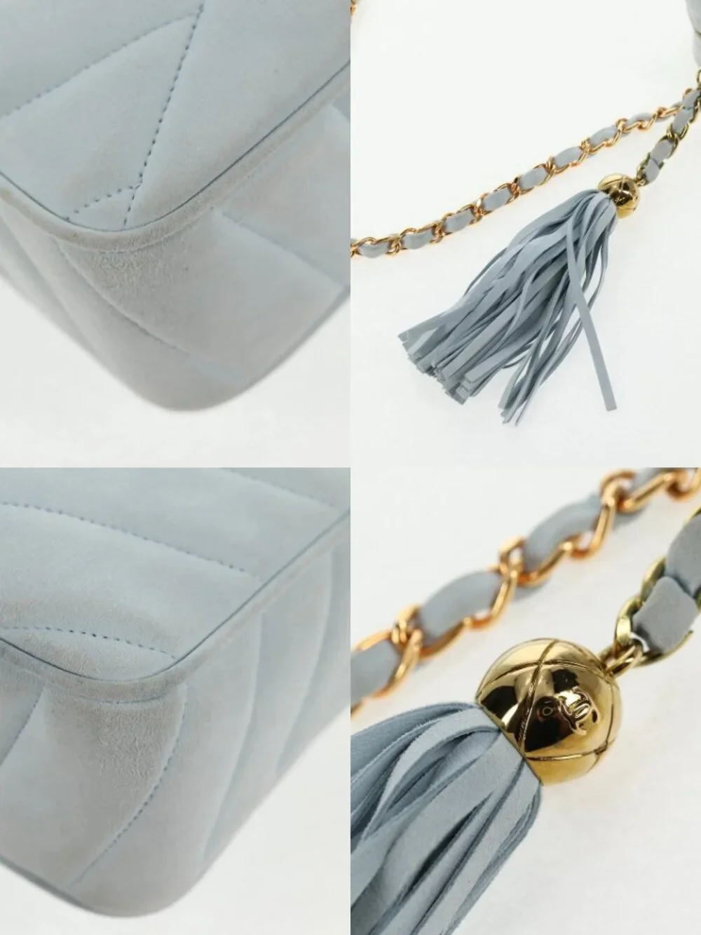 CHANEL Bias Stitch Chain Shoulder Bag Suede Light Blue Gold CC Auth 139935V